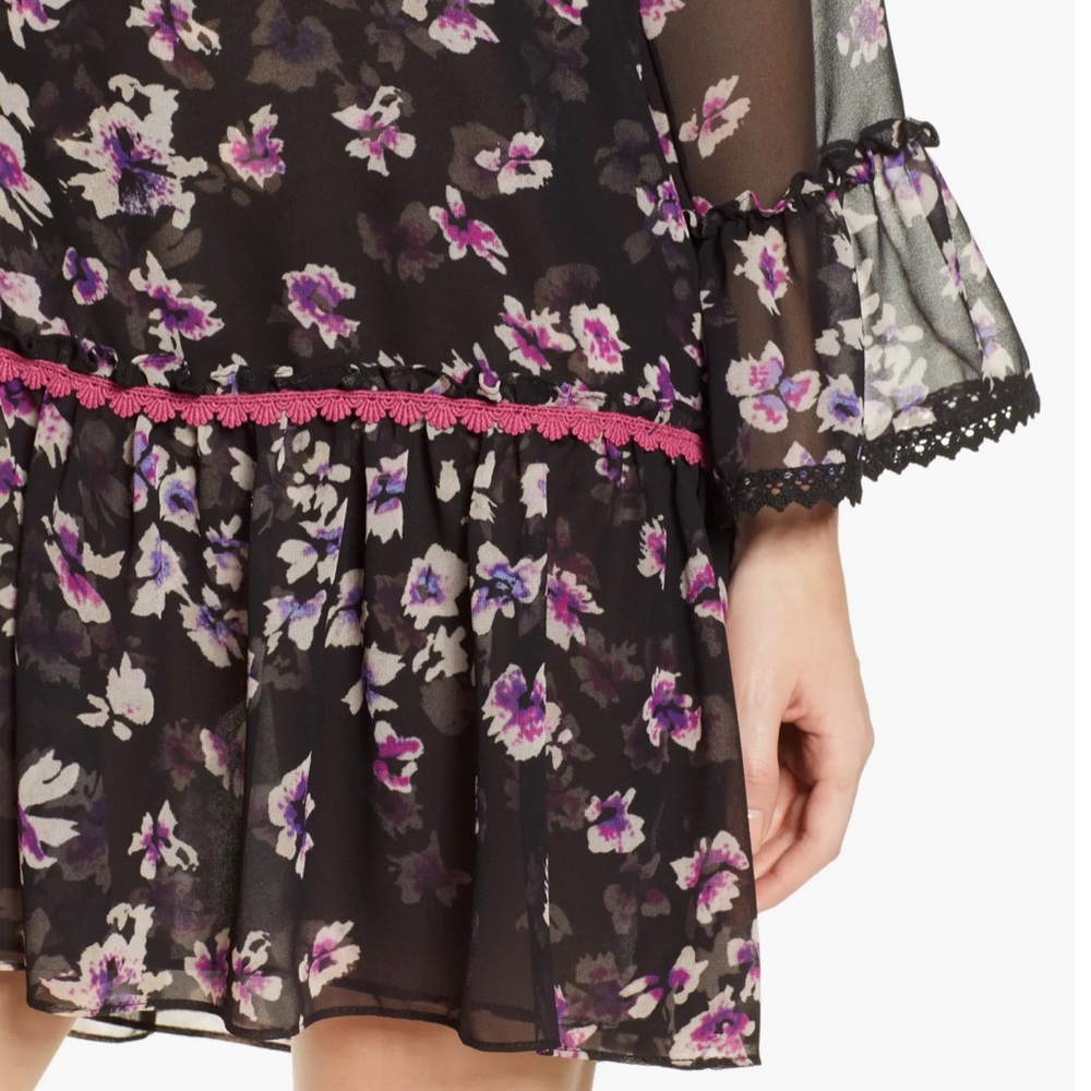 Misa Gallo Floral Black Boho Drop Waist Sheer Long Sleeve Mini Dress - Picture 3 of 10